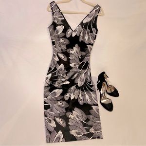 NWT Maggie London Satin Midi Dress! Side swept pleats, retro, black & ecru